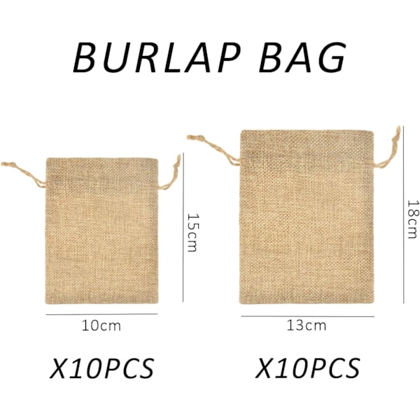 20 stk. Jutesække med snøre - Gaveposer i jute - Take Away Gaveposer (Lysebrun, 10*15cm & 13*18cm)