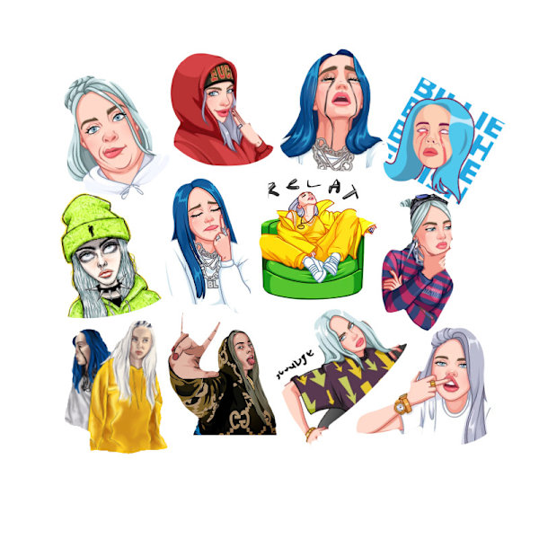 Laulaja Billie Eilishin kannettavan tietokoneen tarra, popmusiikin supertähden doodle-tarra