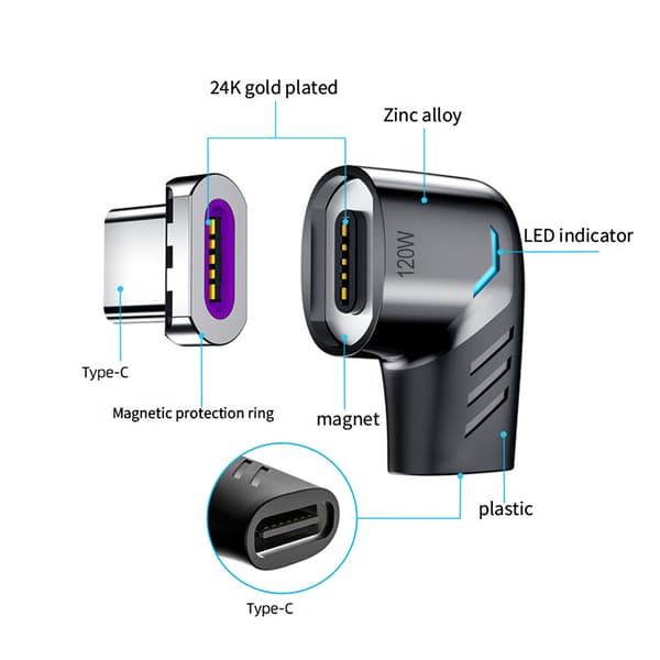 Magnetisk adapter vinkelrett USB C-adapter 120w hurtiglading dataoverføring E