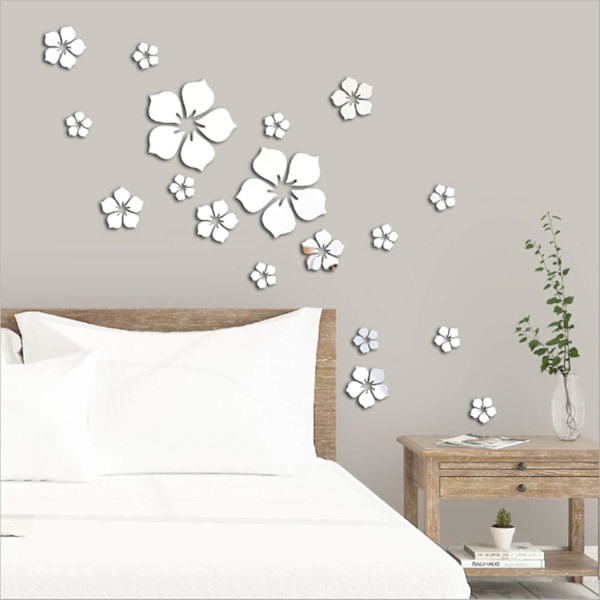 18 st Akryl Spegel Väggdekal för Hem Vardagsrum Sovrum Dekor 3D Blomma DIY Väggdekoration Silver