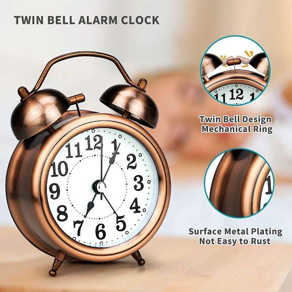 Bordsalarmklocka Vintage Look Twin Bell med natt-LED-display och högt ljudlarm Röst Klockor för student Barn Sovrum (Koppar)