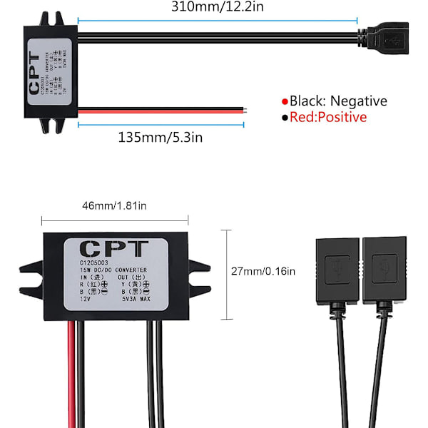 12V til 5V 3A Dobbel USB Strømomformer Buck Modul Billader DC-DC Nedtrappingsmodul