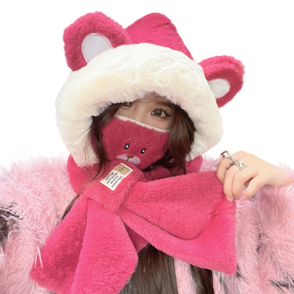Huvtröja Vinter Vinter Mössa Halsduk Mask Set Björnöra Mössa Halsduk för Kvinnor Vinter Varm rosa