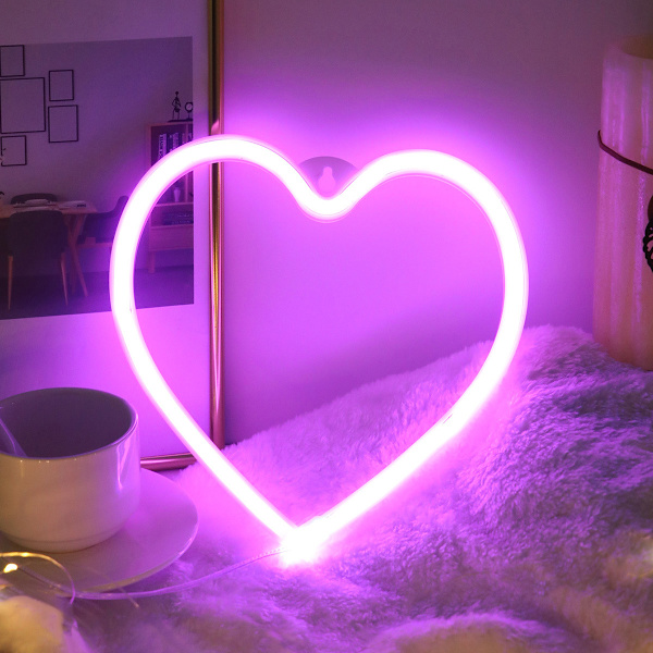 Lila Hjärta Neon Skyltar Halloween Dekorationer, USB/Batteridriven Ni