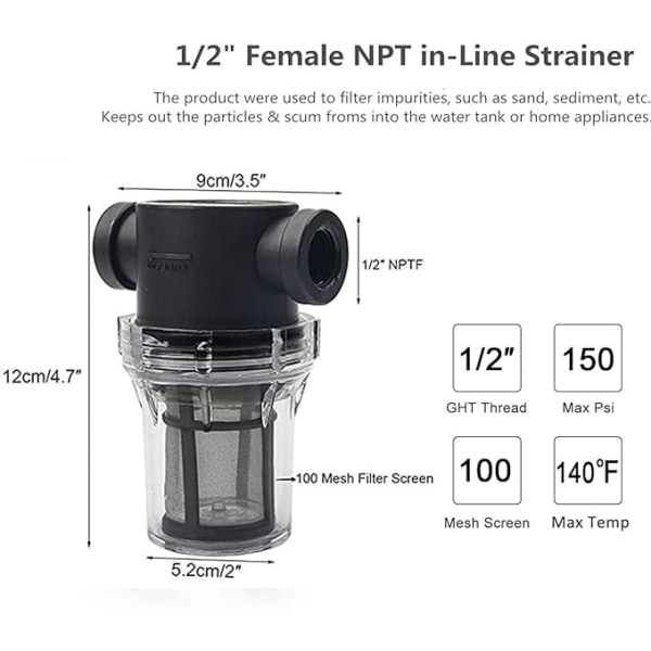 Putkilinjan 3/4 tuuman vesipumpun suodatin 100 mesh ruostumattomasta teräksestä valmistetulla siivilällä, sisään