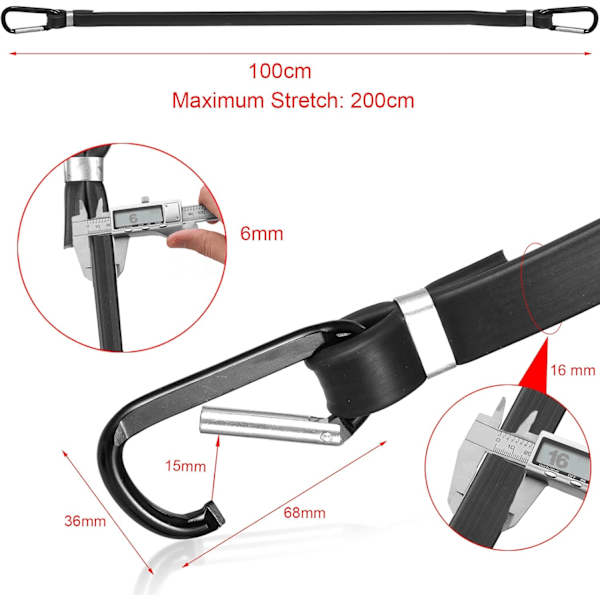 Elastiske snore med karabinhager, 2 stk. 100 cm elastisk rem til cykel, motorcykel, kuffert, bagagebærer, UNOLIGA elastisk snor til poolafdækning, (Rei