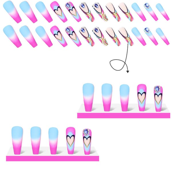 Pink Gradient Press On Negle Blå Rhinestone Designs
