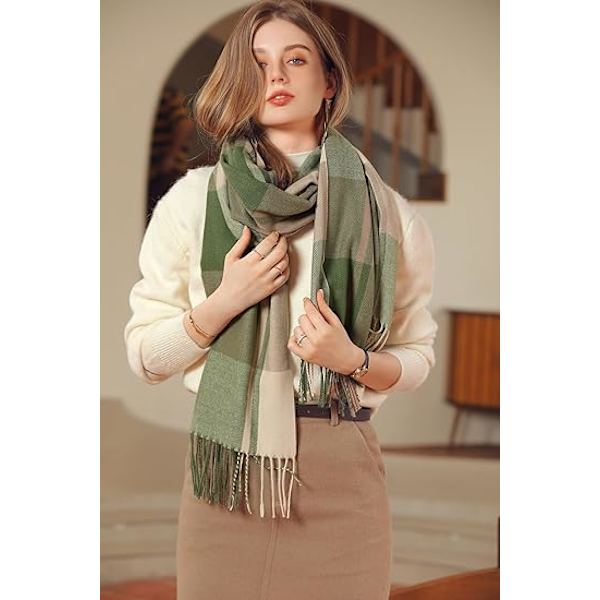 Dammode Halsdukar Lång Cashmere Liknande Sjal Vinter Varma Stickade Stora Kvast Rutig Halsduk 65*180CM  grön