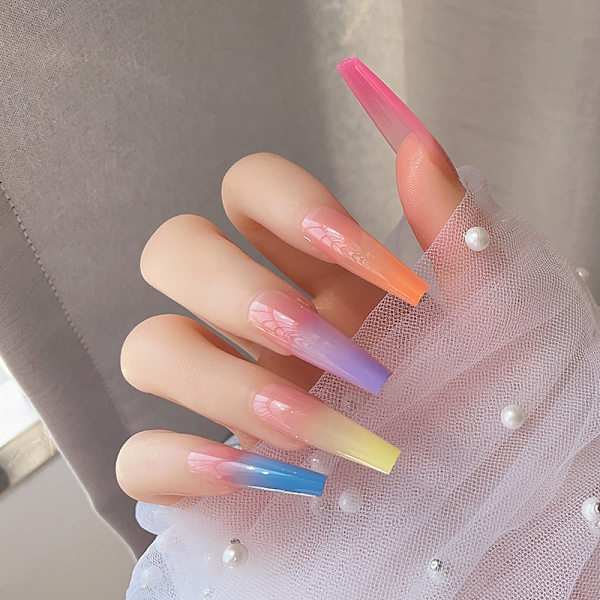 Lange falske negler regnbue gradient farge blank akryl ballerina falske