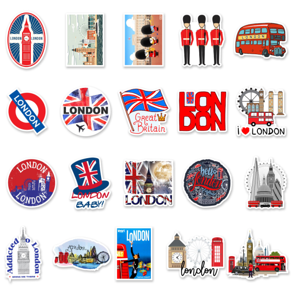 50 stk. vanntette røde buss-klistremerker, London Vacation Travel Stickers