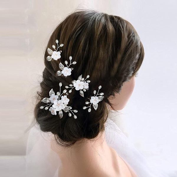 Bröllops hårnålar, 5-pack bröllopshårnålar med blommor, bröllopsaccessoarer, brudhårsnålar med pärlor (silver)