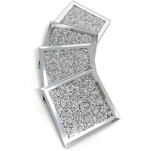 Fyrkantiga glittrande diamantkrossade juvelglasunderlägg i glas, set om 4, 10 cm x 10 cm