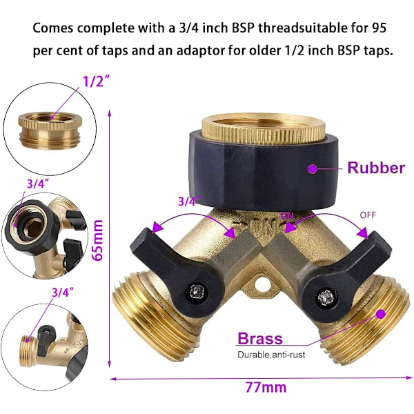 Dobbel Vaskemaskin Kran, 2-veis Y-fordeler, 3/4\" & 1/2\" Messing Hageslangeadapter, Y-kobling med 2 Slangesplittere for Tilkobling av 2 Apparater