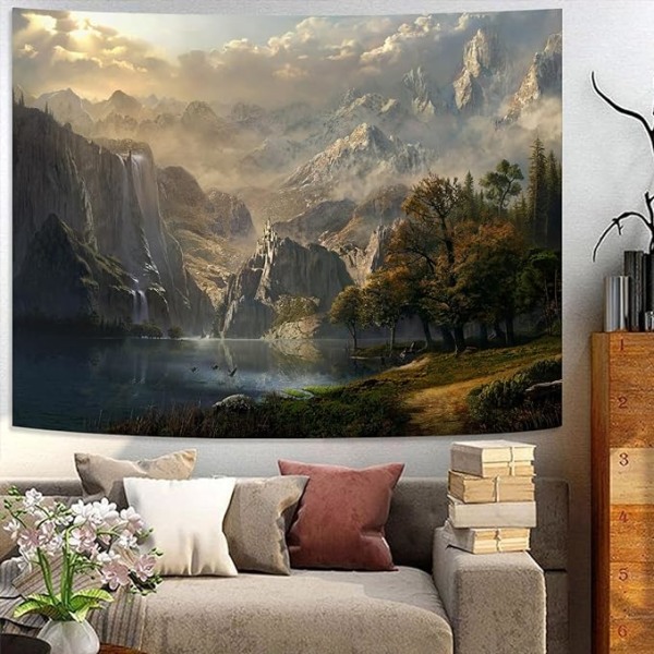 Fantasy World Gobeläng, Bergsskogssjö Landskap Gobelänger, Vildmarkssol Natur Vattenfall Gobeläng för Sovrum Varm 60×80 tum brun