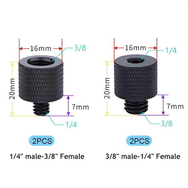 Kameran ruuviliitinadapterit, 1/4\" uros - 3/8\" naaras ja 3/8\" uros - 1/4\" naaras, kierreadapterisarja kameran monitorille, mikrofonijalustalle, telineelle