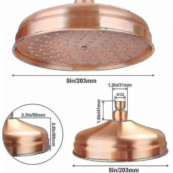 Kobber brusehoved, 20 cm (8 tommer) diameter, højtryks fast brusehoved med justerbar vinkel brusehoved regnbruserhoved - Guld