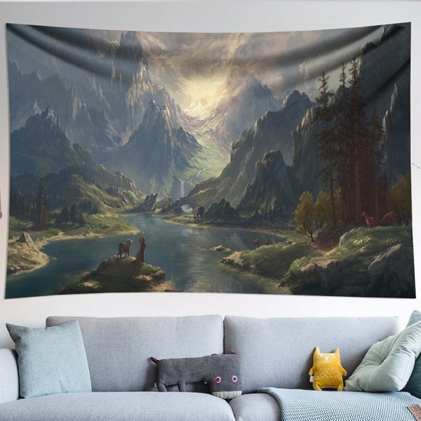 Fantasy World Gobeläng, Bergsskogssjö Landskap Gobelänger, Vildmarkssol Natur Vattenfall Gobeläng för Sovrum Varm 60×80 tum brun
