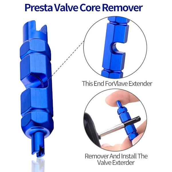 Presta, Schrader ventilkernfjerner værktøj, ventilforlænger dæk reparation, blå