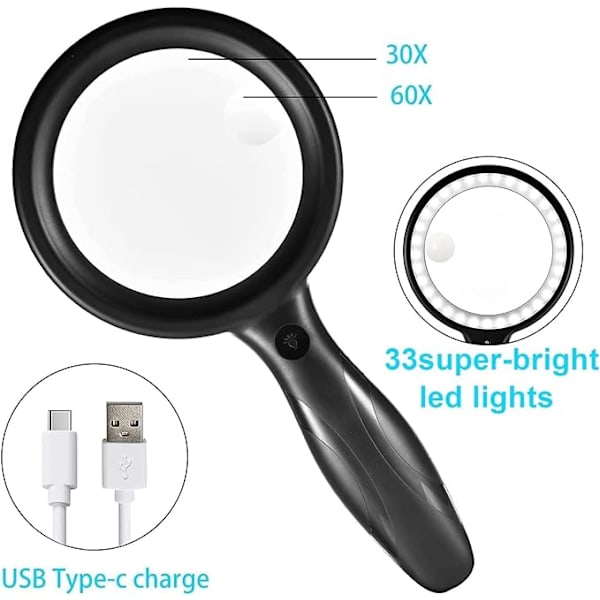 Luku suurennuslasi, 60X 30X 33LED suurennuslasi valolla, USB ladattava