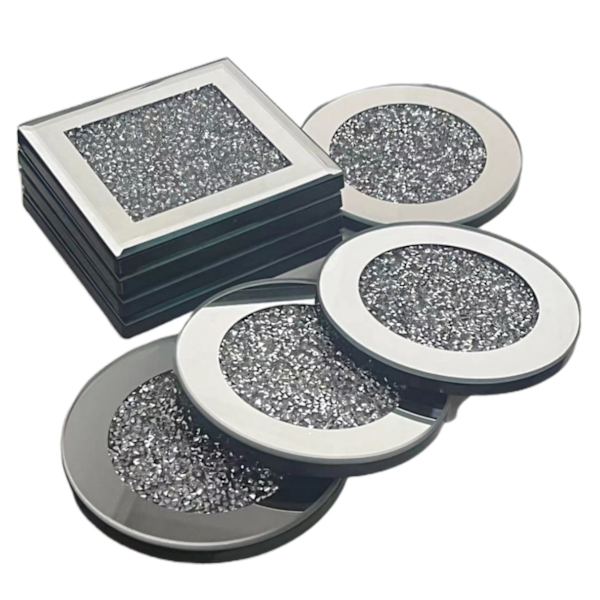 Fyrkantiga glittrande diamantkrossade juvelglasunderlägg i glas, set om 4, 10 cm x 10 cm