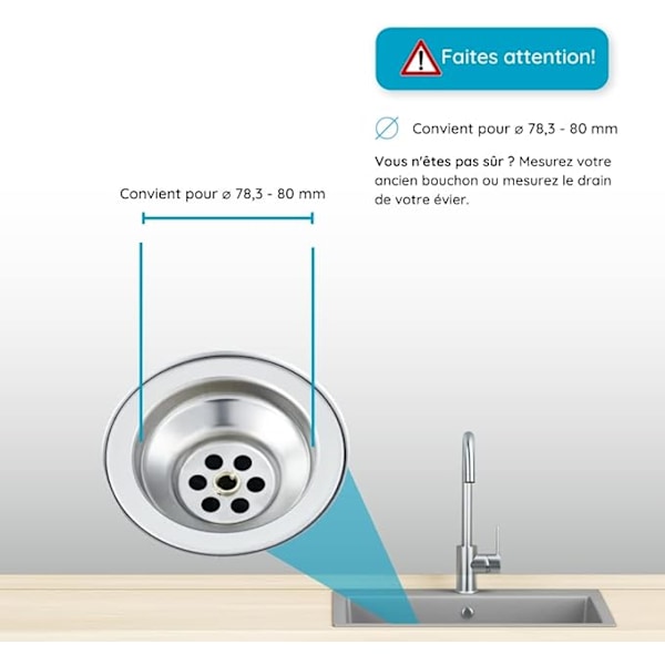 Køkkenvaskesi med justerbar stift - Universal pop-up kurvprop i rustfrit stål - Tåler opvaskemaskine, modstandsdygtig over for tilstopning og overløb - 79 mm