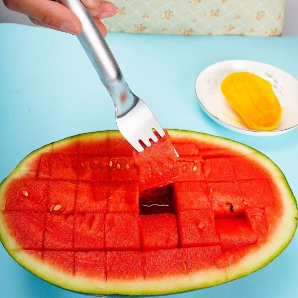 2-in-1 Ruostumattomasta teräksestä valmistettu hedelmäleikkuri, vesimelonihaarukkaleikkuri (1 KPL)