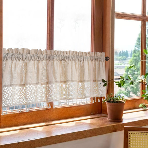 Linned Valancer til Vinduer, Boho Tassel Køkken Valancer til Vinduer, Landlig Rustik Vinduesbehandling Tier Gardin (Beige, 74x 61)