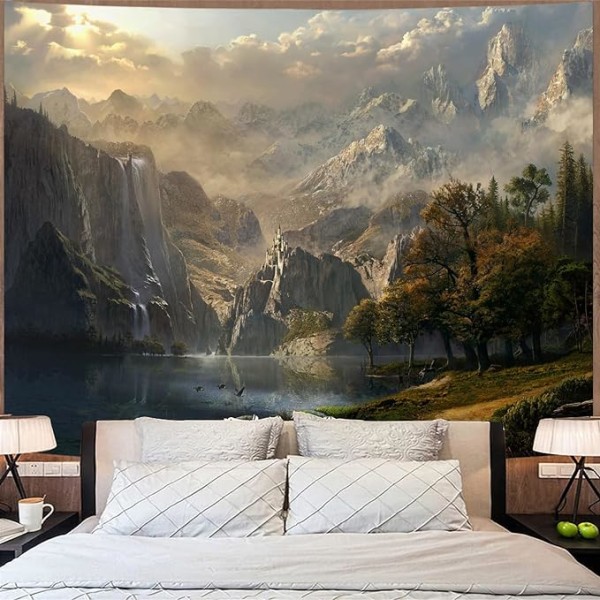 Fantasy World Gobeläng, Bergsskogssjö Landskap Gobelänger, Vildmarkssol Natur Vattenfall Gobeläng för Sovrum Varm 60×80 tum brun