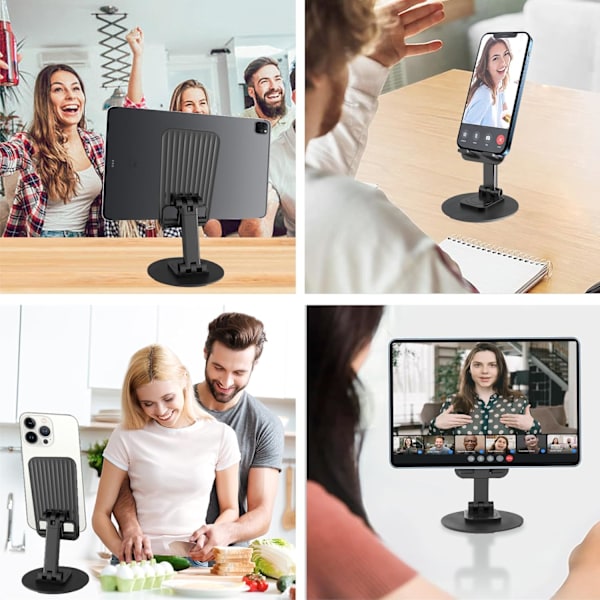 2 st Justerbara Telefonhållare 360° Rotation Helt Vikbar Skrivbordsdocka Kompatibel med Smartphone E-läsare Surfplattor (Svart&Svart)