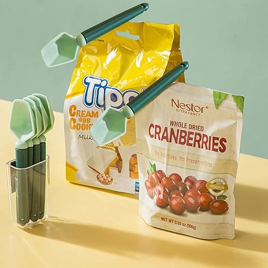 Matklämmor med plastmåttsked Chippåsklämmor Set med 4, gröna