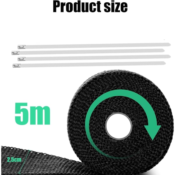 Eksos Termisk Tape, Termisk Isolasjonstape, 25MM Termisk Isolasjonstape 5M + 4 Rustfrie Stål Kabelbånd, Termisk Isolasjon, Termisk Isolasjon