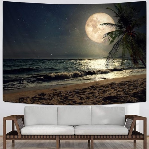 Strandtapet för sovrum Hawaii Kokosnöt Tropiskt träd Månljus Väggbonader Havsvatten Tapestries  (59,1\" H x 59,1\" B,Strand)Marinblå
