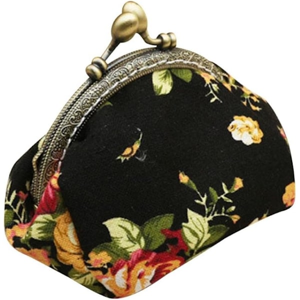 Pung, Vintage Blomst Mini Møntpung Wallet Clutch taske (Sort)