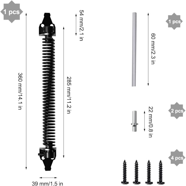 36 cm justerbar fjederdørlukker, automatisk dørlukker, dørfjeder med 4 skruer, til havedør, træport og landbrugshegn (36 x 3,9 x 3,9 cm)