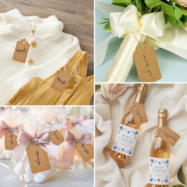 100 st Presentetiketter med Snöre, 5 x 3 cm Kraftpapper Hängande Etiketter för Kläder DIY Hantverk Bröllop Högtid (Brun)