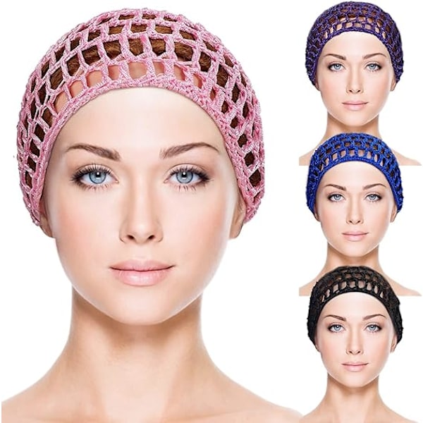 4 st hårsnät för att sova i virkad mössa hårmesh virkad mesh hårnät stickad snood för mjuk rayon (svart+rosa+lila+blå)14*18cm