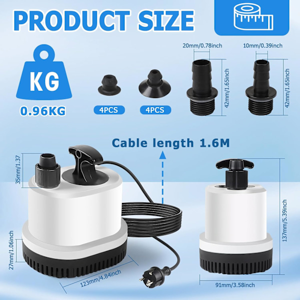 Mini Vesipumppu Erittäin Hiljainen Akvaariopumppu Uppoasennettava Pumppu Max.1500L/H 25W 220-240V Ulkolammen Pumppu Suihkulähdepumppu 2,3M Kaapelilla 3 Suutinta Kellariin