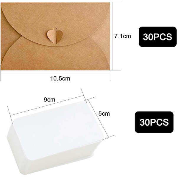 Set med 30 kort med vikbart kuvert, 10,5 * 7,1 cm 30 Kraft-kuvert med
