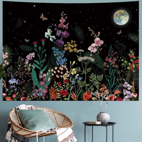 Blomsterplanter Gobelin Galakse Måne Stjerner Gobelin Vintage Boho Blomst