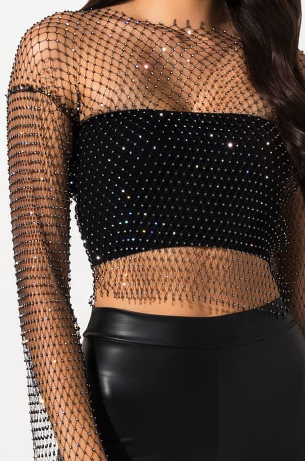 Kvinnor Mesh Body Chains Rhinestone Långärmad Crystal See Through Cove
