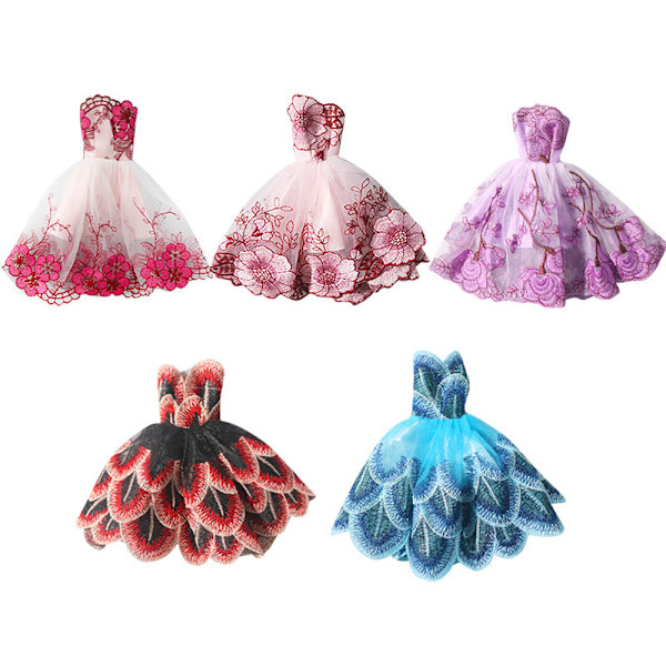 5 stk 30CM Barbie dukke brodert prinsessekjole