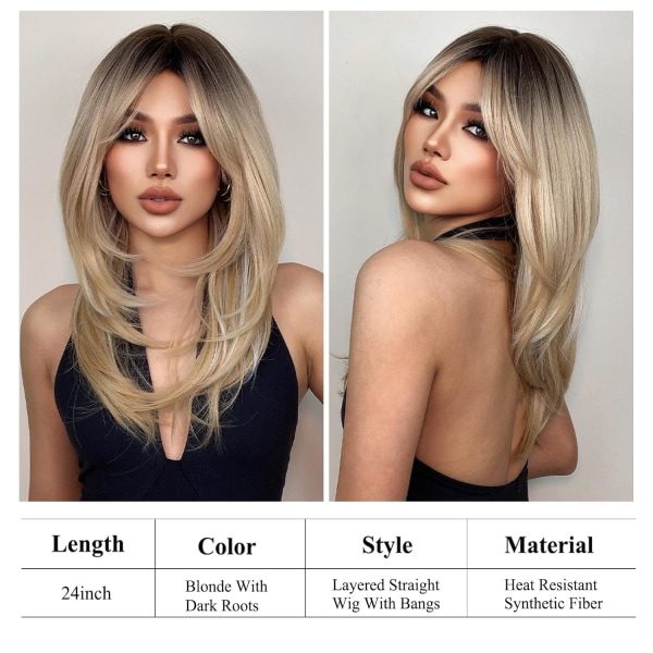 Blonda peruker för kvinnor Långa raka peruker med luftsmäll och mörka rötter