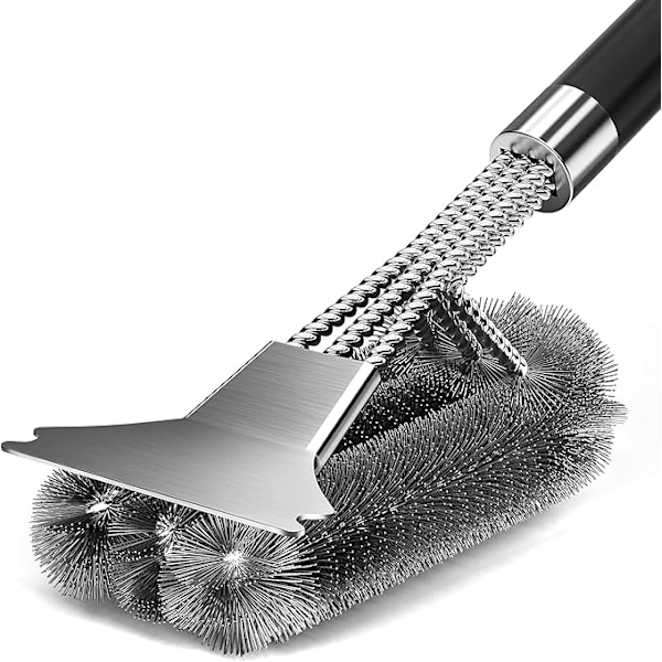 Grillbørste, 3 i 1 BBQ Rengjøringsbørste med Skrape, Langt Håndtak Rustfritt Stål Bust 45.8cm Sikkerhet Anti-skålding for Grilling Piknik