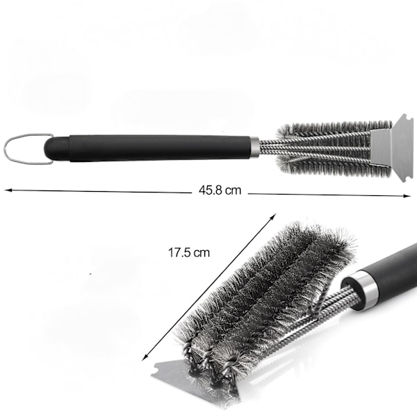 Grilli-harja, 3 in 1 BBQ-puhdistusharja kaapimella, pitkävartinen ruostumattomasta teräksestä valmistettu harjas 45,8 cm turvallinen palovammoja estävä yhteensopiva grillaus piknikille