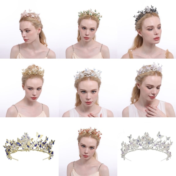 Brudesmykke Tiara Sommerfugl Rhinestone Krone Vintage Blomster Bryllupskrone F