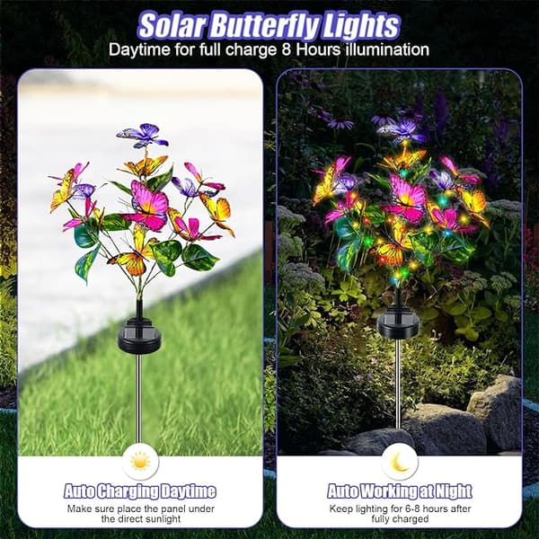 Solcellehagelampe, 2 stk. Blomst Sommerfugl Utendørs Solcellelampe 2 Moduser Wa