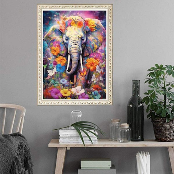 Blommig Elefant 5D DIY Diamantkonstset Full Borr Diamantprickar för Gåva Väggdekor och Avkoppling Ädelstenskonst 30x40 cm