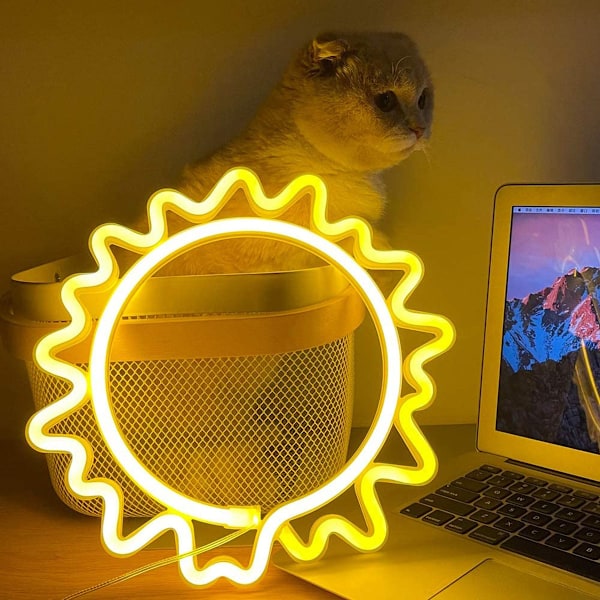 Auringon neonkyltti LED-neonvalo Yölamppu USB-akkukäyttöinen Led-neonvalokyltti Makuuhuoneen seinäkoriste (Keltainen)