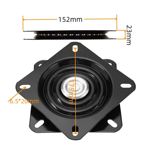 Firkantet dreieskive, 15 cm, svingbar base, for møbler, sofa, TV og barkrakk, svart
