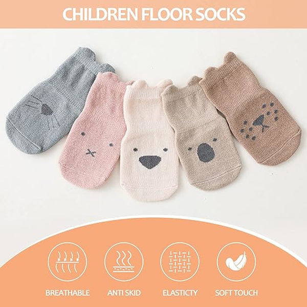 5 par med sklisikre sokker for småbarn med grep, babysokker for barn, jenter, gutter, M for 1-3 år, beige, blå, kaffe, kaki, rosa